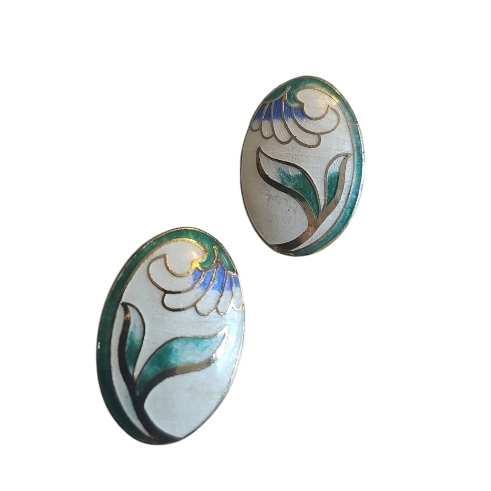 🦋 Vintage Floral White, Green and Blue Enamel Earrings